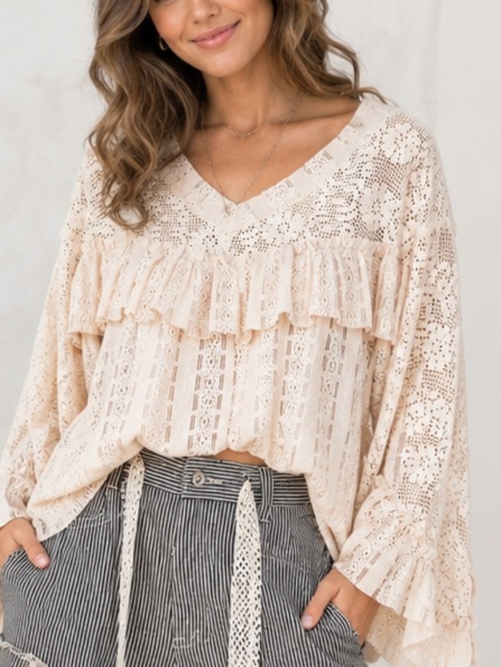 POL Lace Ruffle Tunic Top in Cream